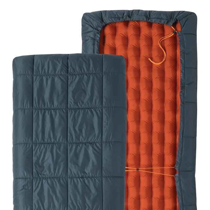 Two sections of a sleeping bag, one blue quilted and one orange inflatable, on a white background.