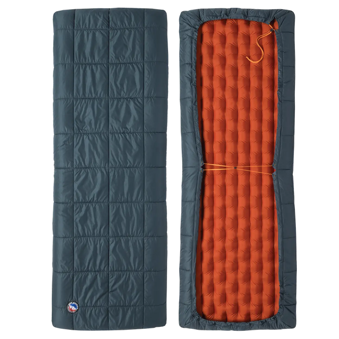 Two sleeping bags, one blue and one orange, on a white background