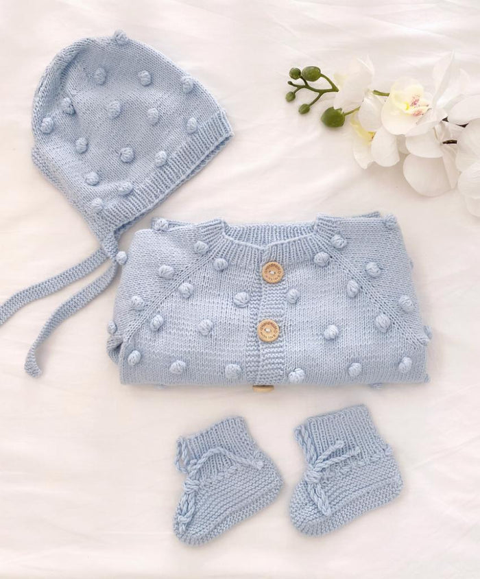 Knitted PomPom Cardigan | Baby Blue