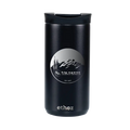 Black insulated tumbler with a logo and brand name on a white background