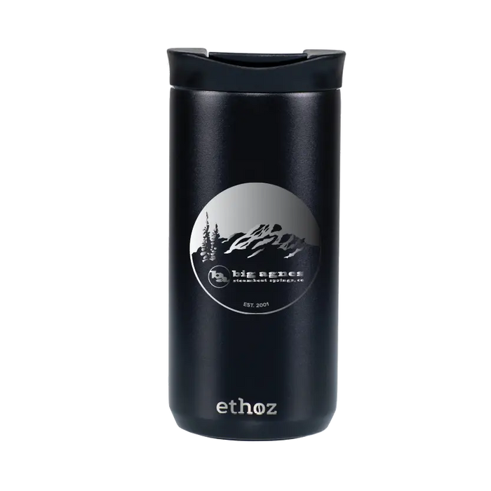 Black insulated tumbler with a logo and brand name on a white background