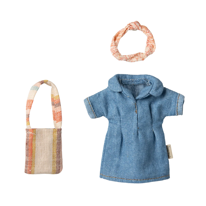 maileg - petite couture mum mouse denim dress - winter's moon