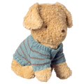 maileg - small soft sand puppy wearing a blue and brown striped knitted sweater on white background - winter's moon