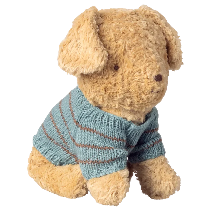 maileg - small soft sand puppy wearing a blue and brown striped knitted sweater on white background - winter's moon