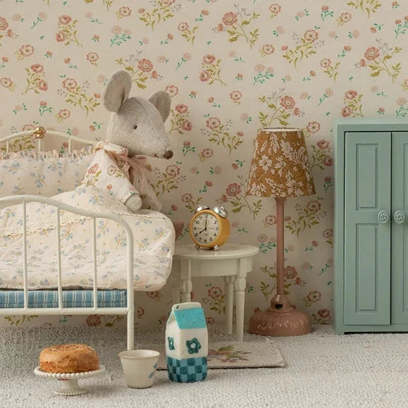 maileg - bedroom scene with yellow alarm clock - winter's moon