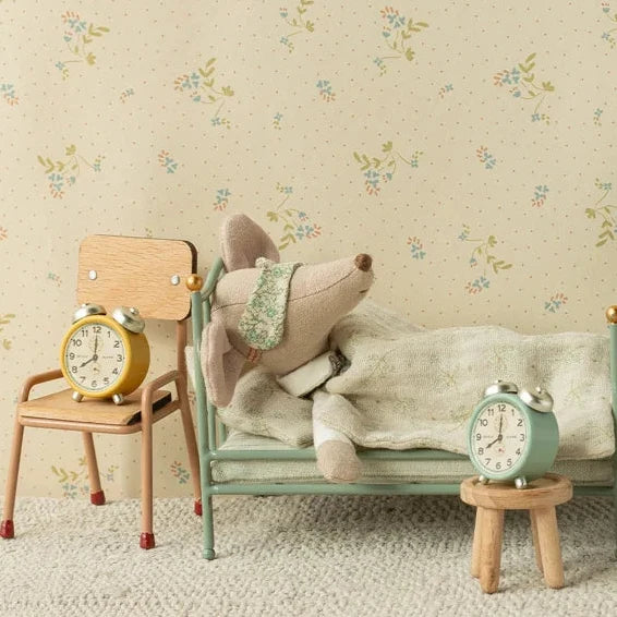 maileg - bedroom scene with yellow alarm clock - winter's moon