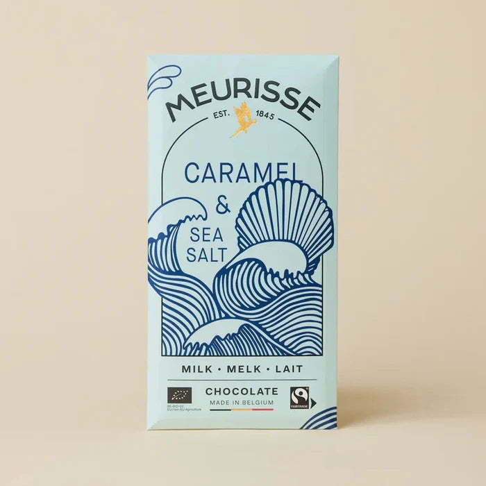 Meurisse caramel and sea salt chocolate bar packaging on a beige background