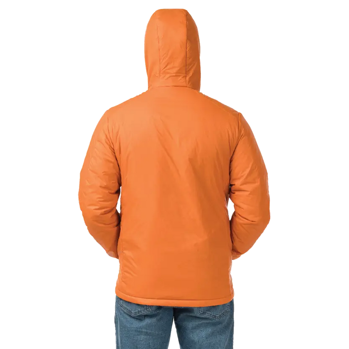 Back view of man standing in burnt orange jacket with hood up