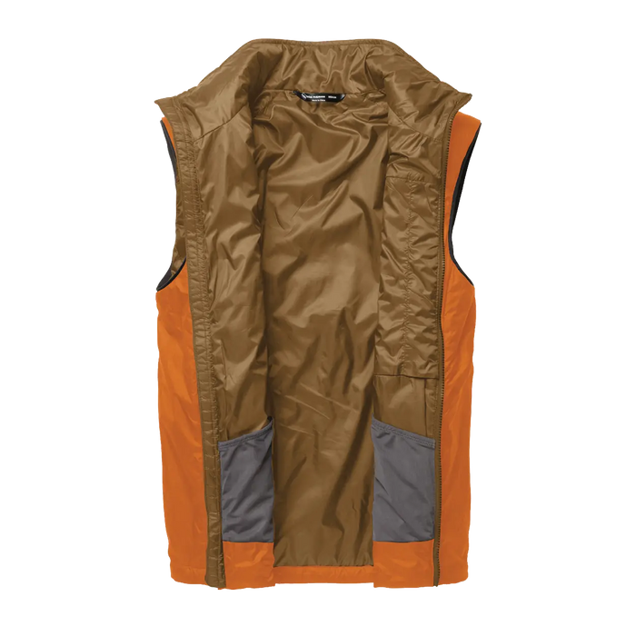 Unzipped orange insulated vest with bronze interior fabric