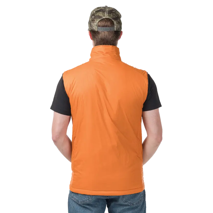 Person wearing an orange vest over a black shirt with a camouflage cap on a white background