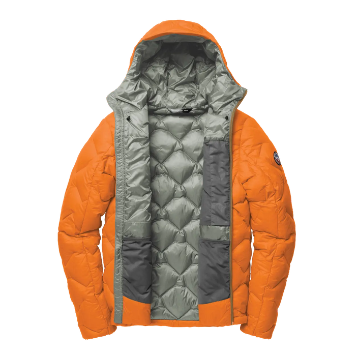 Orange and gray quilted jacket on a white background