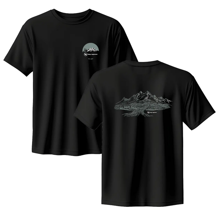 Black t-shirt with mountain graphic on front and logo on back, displayed against a white background.