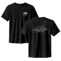 Black t-shirt with mountain graphic on front and logo on back, displayed against a white background.