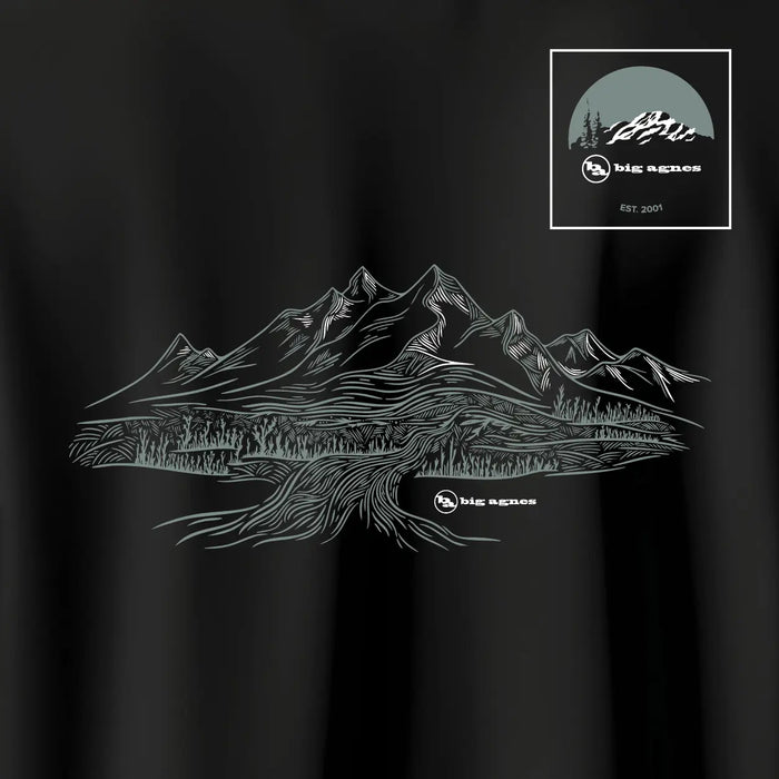 Black t-shirt with mountain design and 'big agnes' logo on a dark background