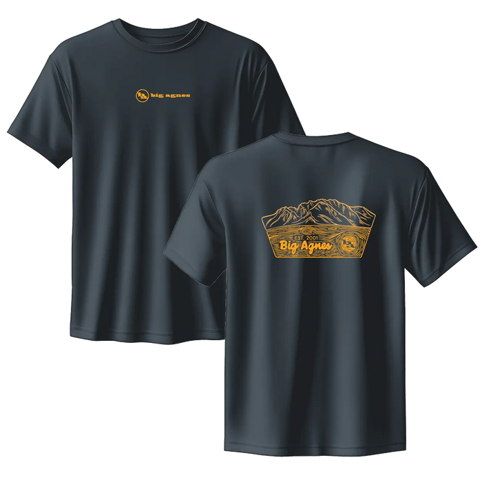 Black t-shirt with gold graphics and text on a white background