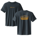 Black t-shirt with gold graphics and text on a white background