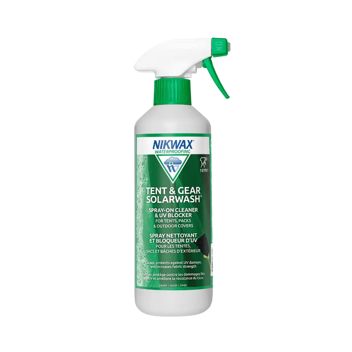 A white spray bottle of Nikwax Spray On Tent & Gear SolarWash by Big Agnes, featuring a green label and nozzle, designed to clean outdoor fabric gear and provide UV protection.