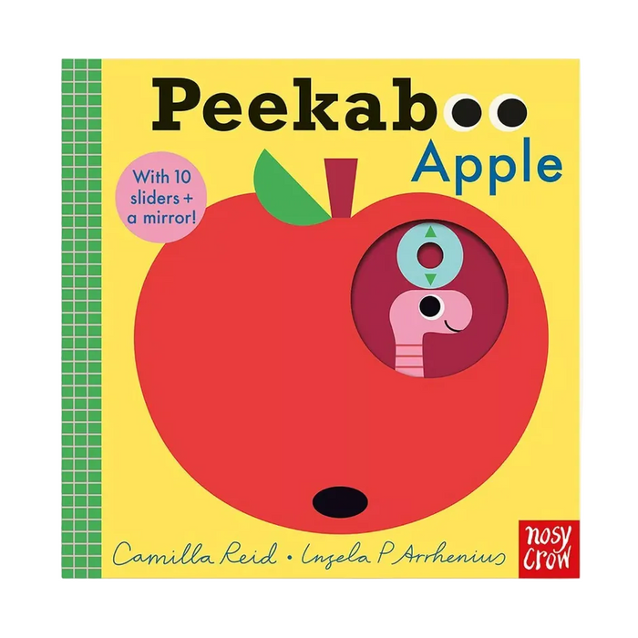 Peekaboo Apple children's board book by Nosy Crow, featuring a bright yellow cover with a large red apple illustration and a peeking worm through a mirror cutout.