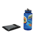 A folded black Pitchpine VST 1.5 Footprint from Big Agnes sits beside a blue water bottle with colorful outdoor-themed stickers, both placed on a plain white background.