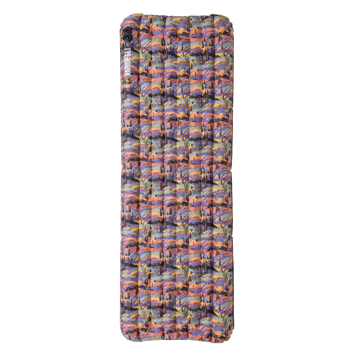 Multicolored inflatable camping pad on a white background