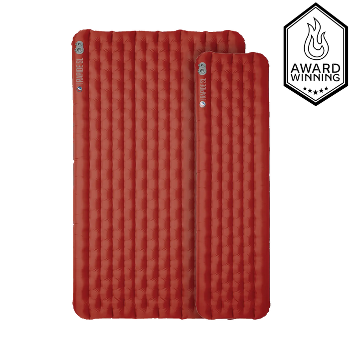 Two Big Agnes Rapide SL Insulated sleeping pads in red are side by side on a white background, with an Award Winning badge featuring a flame icon in the top right corner, showcasing this top-rated backpacking pad.