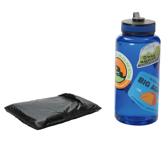 A blue water bottle with colorful stickers stands upright beside a folded black Sarvis VST 3 Footprint by Big Agnes, both set against a plain white background.
