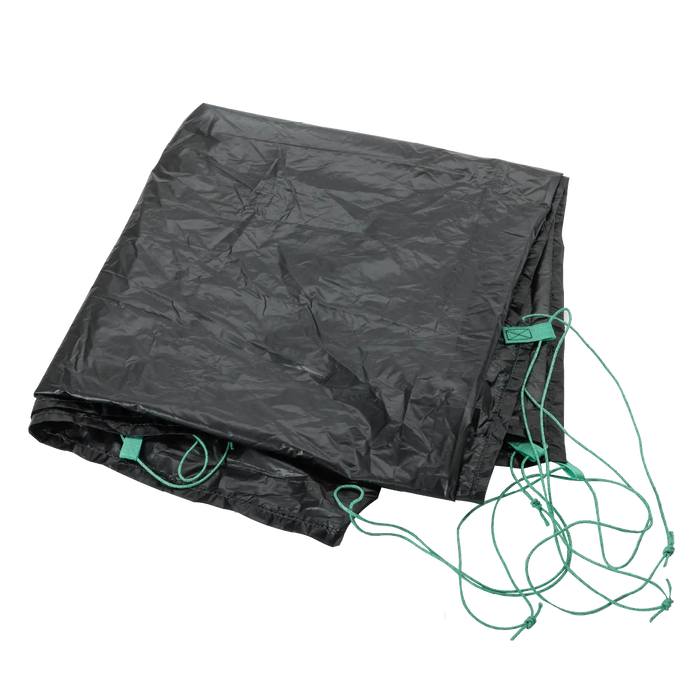 The Big Agnes Sarvis VST 3 Footprint, a black tent floor with attached green cords, is displayed against a plain white background.