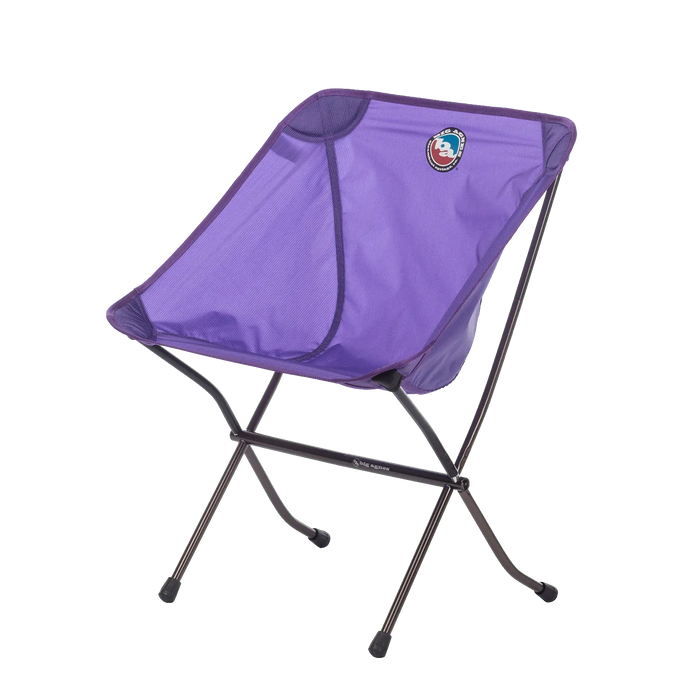 Purple folding chair with a logo on a white background