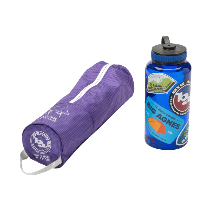 Purple yoga mat and blue water bottle with branding on a white background