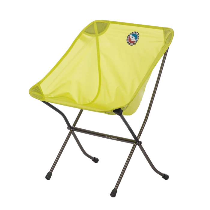 Yellow folding chair with a brand logo on a white background