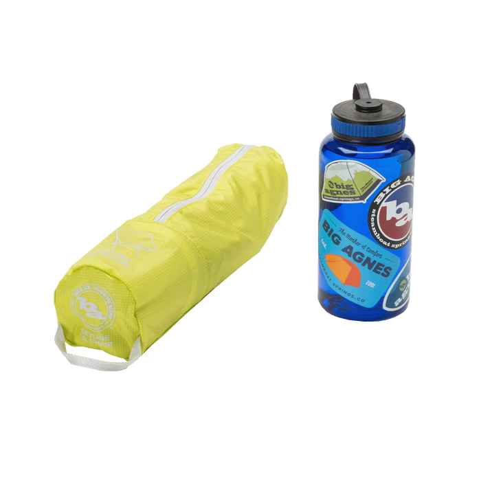 Yellow sleeping pad and blue water bottle with Big Agnes logo on a white background