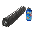 A black, cylindrical carrying case labeled Big Agnes Soul Kitchen Camp Table rests beside a blue sticker-covered water bottle, both set on a plain white background, ready for outdoor dining.