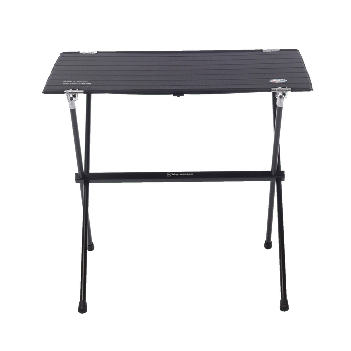 The Big Agnes Soul Kitchen Camp Table is a lightweight, foldable black camp table with a slatted top and crossed metal legs, ideal for outdoor dining and shown against a plain white background.