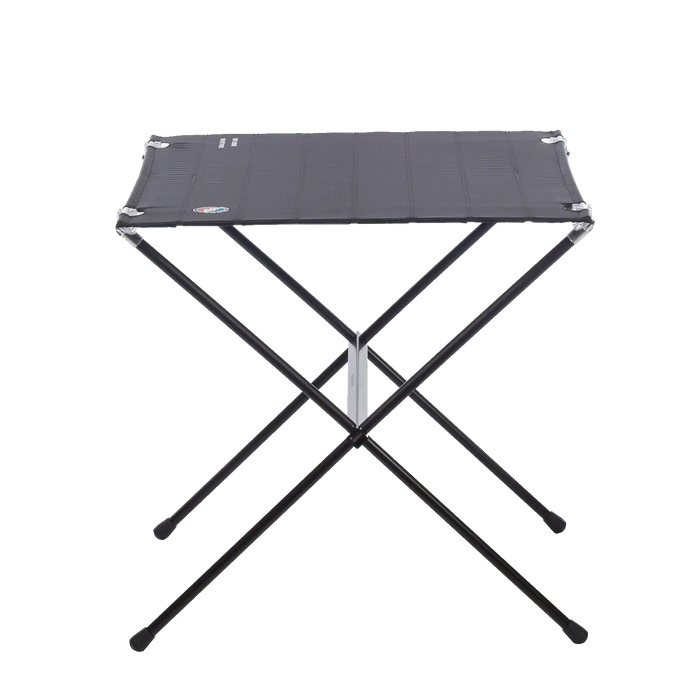The Big Agnes Soul Kitchen Camp Table is a lightweight, black folding table with a fabric top and metal X-legs, ideal for campsite meals or outdoor dining, shown against a plain white background.