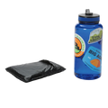 The Big Agnes String Ridge VST 1.5 Footprint, a black folded ground cloth, is placed beside a blue reusable water bottle with stickers on a white background.