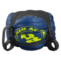 A blue and yellow Big Agnes Superlight Girdle with black straps is cinched tightly on a white background—ideal for compressing your sleeping bag and streamlining gear storage.
