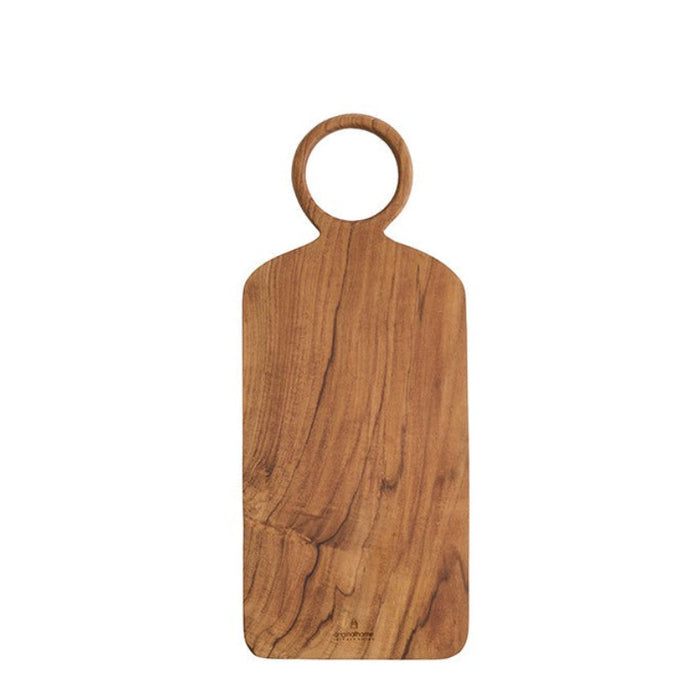 Wooden cutting board with a circular handle on a white background