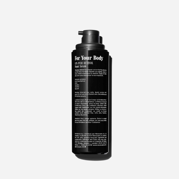 A black pump bottle of 'For Your Body' Retinol Serum with white text, shown against a light gray background.