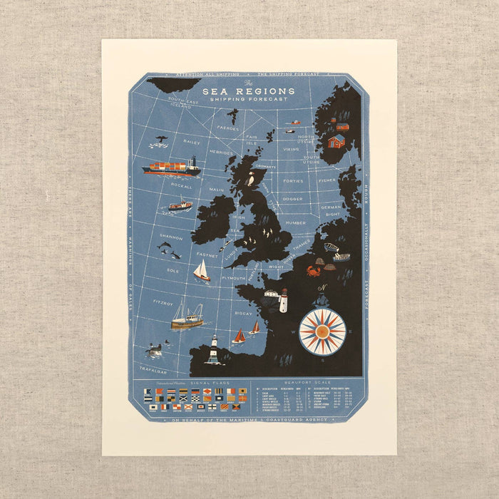oldfield co design - the sea regions of the uk & ireland with shipping forecast map print - winter's moon