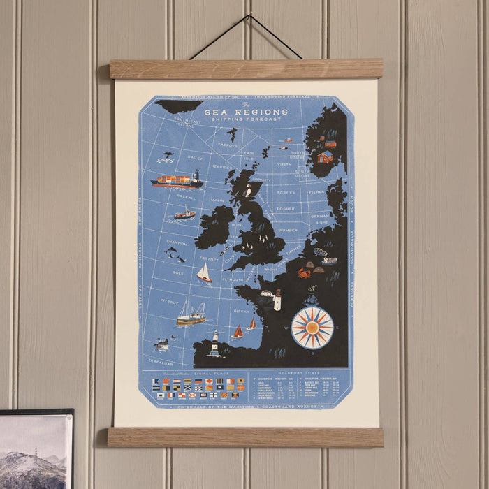 oldfield co design - the sea regions of the uk & ireland with shipping forecast map print in wooden poster hanger - winter's moon
