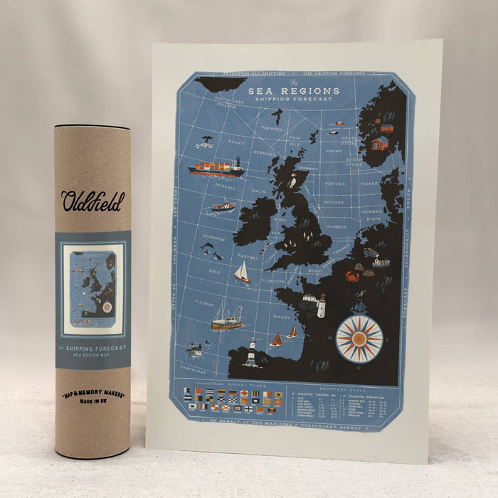 oldfield co design - the sea regions of the uk & ireland with shipping forecast map print paired with packaging tube - winter's moon
