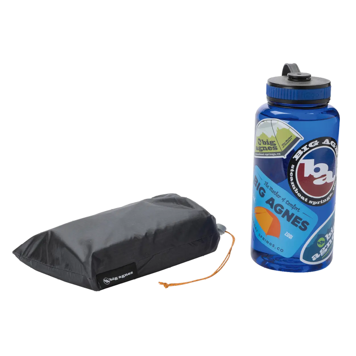 A blue water bottle with colorful stickers stands upright next to a black, rectangular drawstring pouch labeled “Big Agnes Tiger Wall UL2 Bikepack Footprint,” both displayed on a white background.