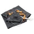 A folded Big Agnes Tiger Wall UL2 Bikepack Footprint, with orange and gray straps, metal grommets, and cords, is displayed on a white background.