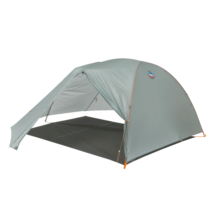 The Big Agnes Tiger Wall UL2 Footprint is a lightweight gray camping accessory with flexible poles and orange guy lines, featuring a durable floor for extra protection, shown set up on a plain white background.