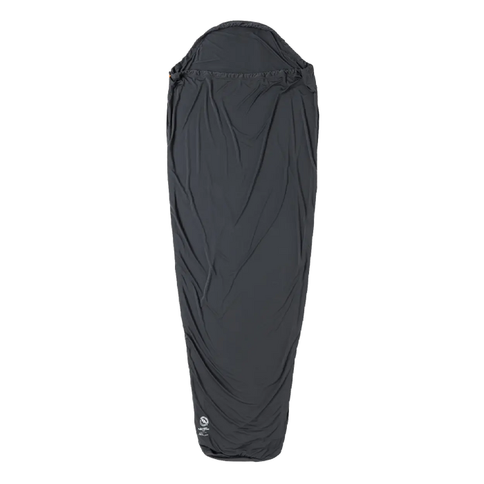 The Big Agnes UL Recovery Sleeping Bag Liner, shown in black against a white background, is ultralight and shaped to fit a mummy sleeping bag with a narrower bottom and hooded top for comfort.