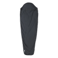 The Big Agnes UL Recovery Sleeping Bag Liner, shown in black against a white background, is ultralight and shaped to fit a mummy sleeping bag with a narrower bottom and hooded top for comfort.