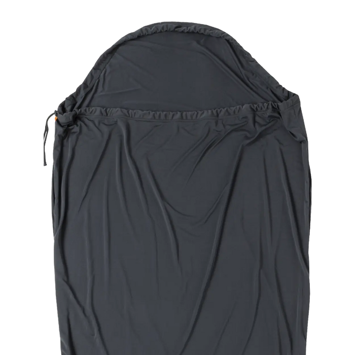 The Big Agnes UL Recovery Sleeping Bag Liner is an ultralight, dark gray liner with a hood, drawstring, and smooth fabric, designed for recovery and shown flat on a white background.