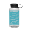 The Big Agnes Wide Mouth Water Bottle is BPA-free and features a black lid, a blue label with white mountain graphics, and the Big Agnes logo—making it your perfect adventure companion.
