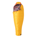 Yellow sleeping bag with colorful interior on a white background