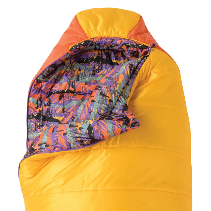 Yellow sleeping bag with colorful hood on a white background